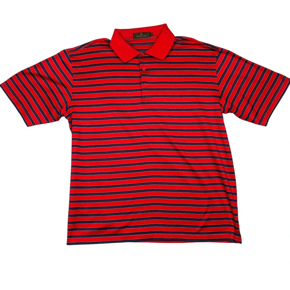 Bugatchi Uomo Men L. Red Blue Striped Polo Shirt 100% Mercerized Egyptian Cotton